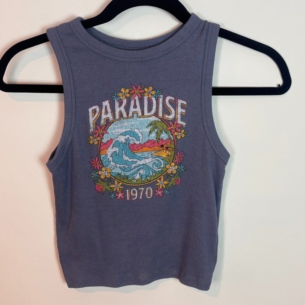 Holister Womens Blue Graphic Print 1970 Boho Hippie Crop Ribbed Muscle Tank XS